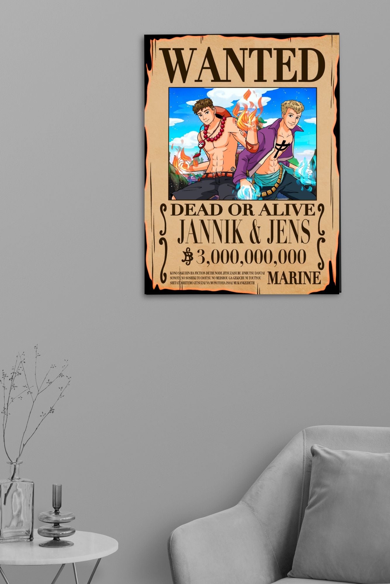 Personalisiertes One Piece Poster an einer Wand im Raum