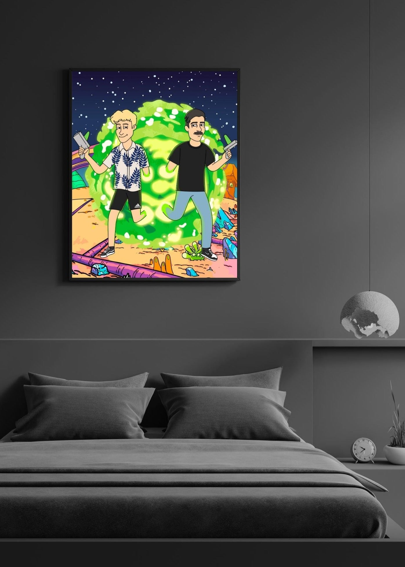 Personalisiertes Rick and Morty Bild Poster an der Wand über einem Bett